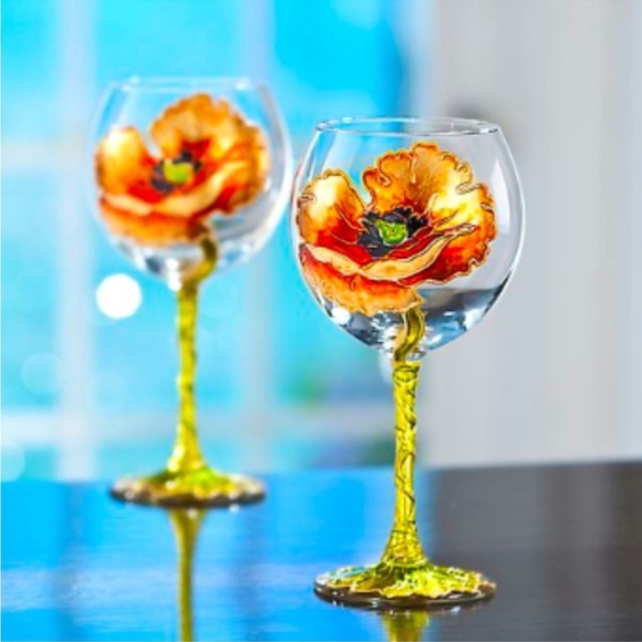 NEW Uno Alla Volta Wine Goblet Glass Poppy Style Artist Hand Painted in Italy